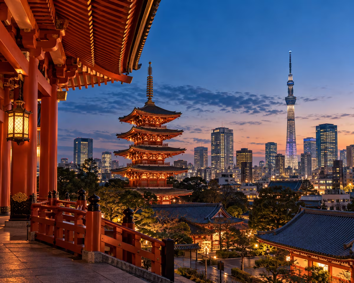 Illustrazione del Giappone con una pagoda tradizionale e uno skyline contemporaneo